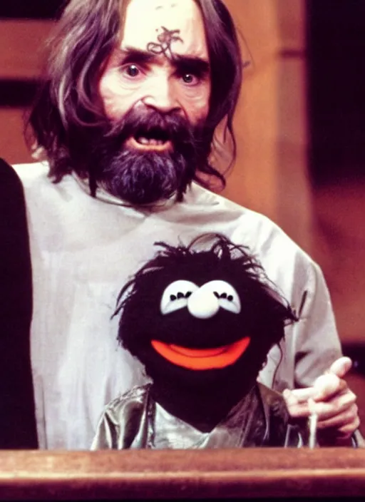 Image similar to charles manson hosting the muppet show