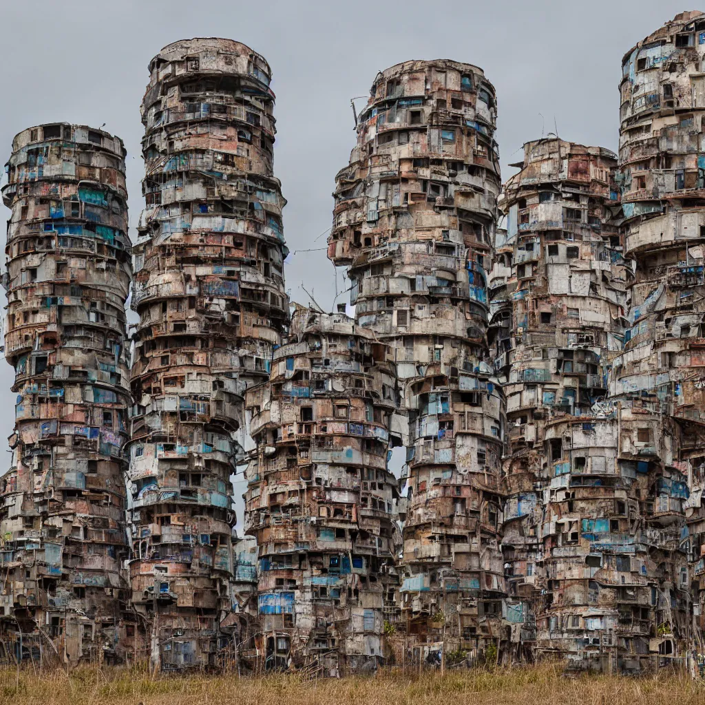 Prompt: circular towers, made up of makeshift squatter shacks with faded colours, dystopia, sony a 7 r 3, f 1 1, fully frontal view, photographed by jeanette hagglund and terry gilliam