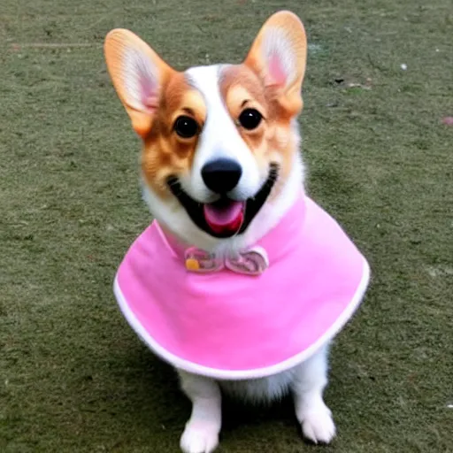 Image similar to a corgi wearing a pink dress