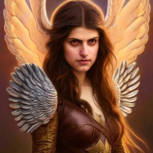 Image similar to portrait of young aasimar angel girl maiden wearing comfy leather armor with beautiful feathered angel wings, brown eyes, Alexandra Daddario, Blizzard, Diablo, by artgerm and greg rutkowski and alphonse mucha and andrei riabovitchev, 4k oil on linen, vivid colors, colorful, high dynamic range, HDR, intricate, elegant, highly detailed, digital painting, artstation, concept art, smooth, sharp focus, illustration