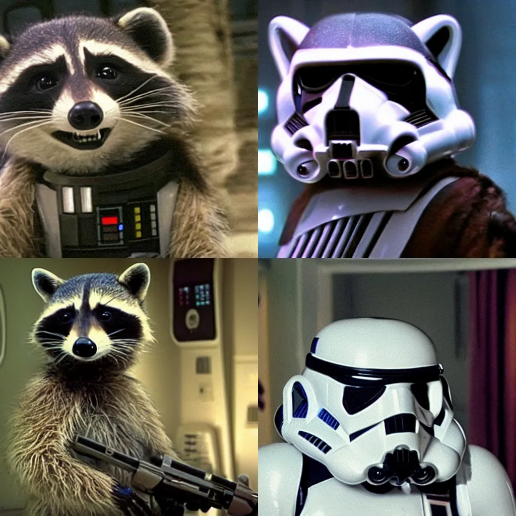 Prompt: A raccoon stormtrooper in the movie Star Wars