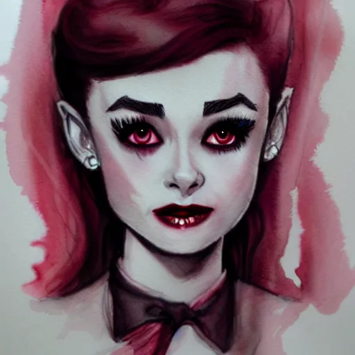 Image similar to an adorable vampire fairy inspired by audrey hepburn and kristen ritter, 8 k resolution whimsical watercolor pencil drawing, deviantart artstation