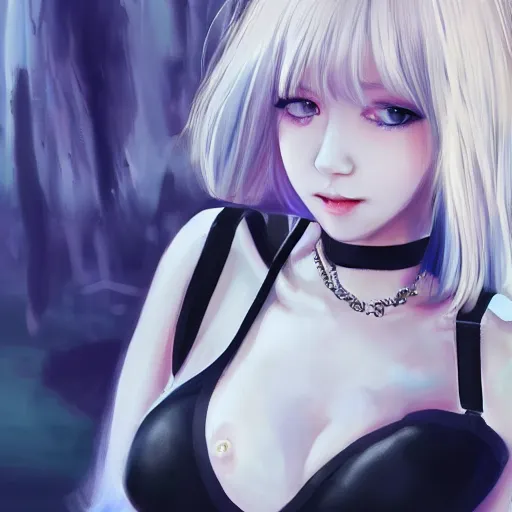 Image similar to realistic teasing detailed semirealism beautiful gorgeous cute Blackpink Lalisa Manoban white hair white cat ears blue eyes, wearing black camisole outfit, headphones, black leather choker full HD 4K high resolution quality WLOP, Aztodio, Taejune Kim, Guweiz, Pixiv, Instagram, Artstation