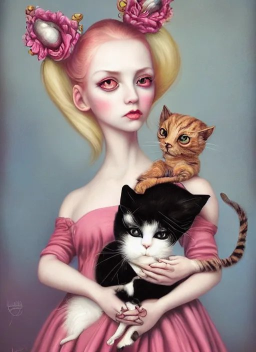 Prompt: pop surrealism, lowbrow art, realistic cute alice girl painting, holding a cat, hyper realism, muted colours, rococo, natalie shau, loreta lux, tom bagshaw, mark ryden, trevor brown style,