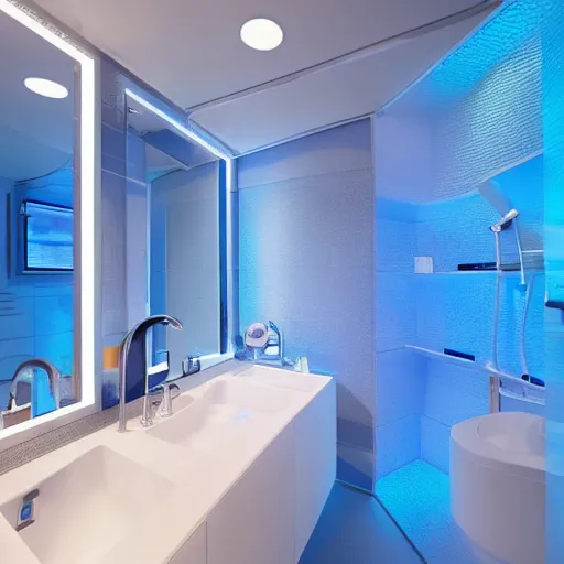 Image similar to Big futuristic blue bathroom inside a spaceship startrek interior style. With a swimming pool.