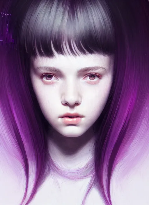 Image similar to portrait of teenage girl, red irises, bangs, black and white hair, white bangs, purple clothes, white bangs, bangs, black hair and white bangs, intricate, elegant, glowing lights, highly detailed, digital painting, artstation, concept art, smooth, sharp focus, illustration, art by wlop, mars ravelo and greg rutkowski