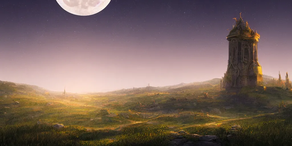 Image similar to The great intricate marble and golden wizards tower, painted landscape, green fields in the background, moody lighting, moon in the night sky, sharp image, 4k, artstation, colorful digital art