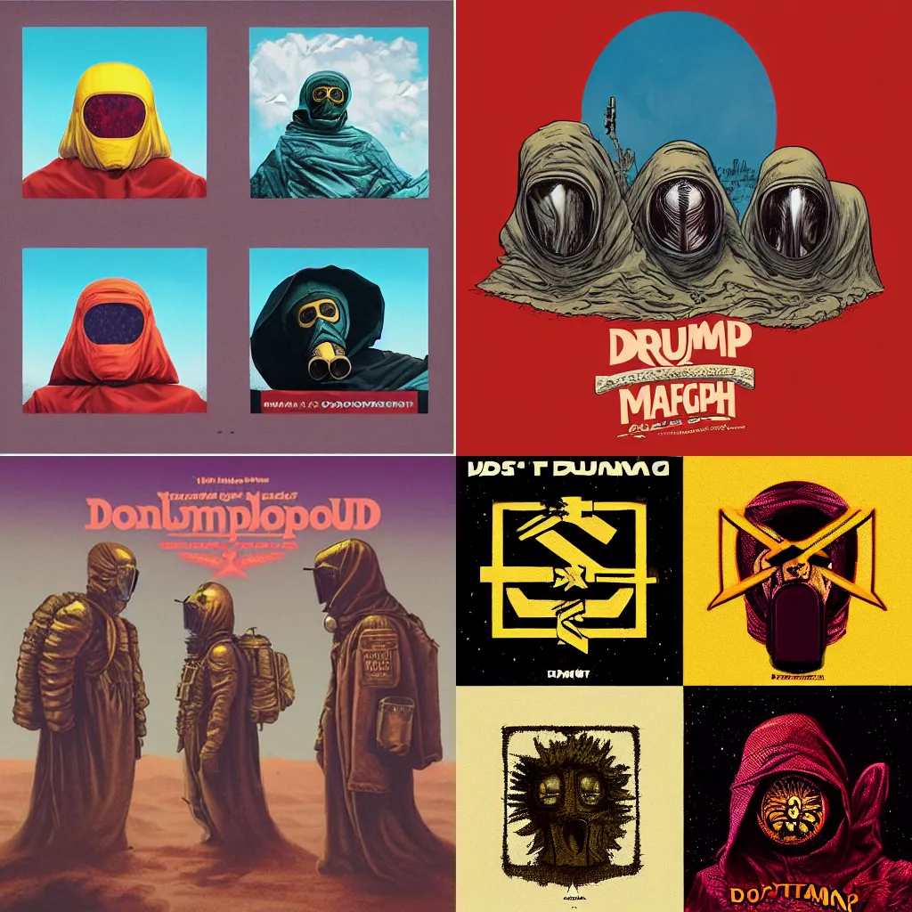 Prompt: illustration of 4 cloaked donald trumps on the album cover art of dopesmoker by sleep, gas mask, mars
