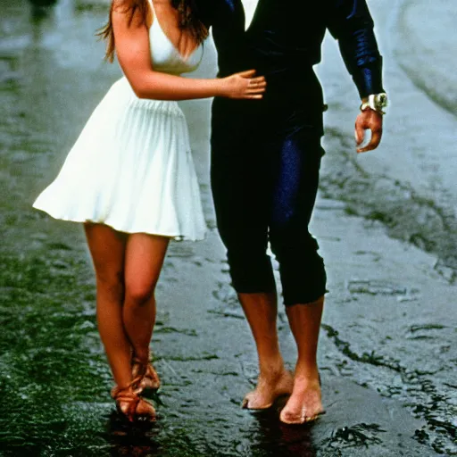 Image similar to portrait shot of young arnold schwarzenegger holding close dirty dancing in the rain with jennifer lawrence beautiful white wet dress, 5 0 mm kodak, beautiful light, best lense, 9 0 s romantic comedy, 4 k