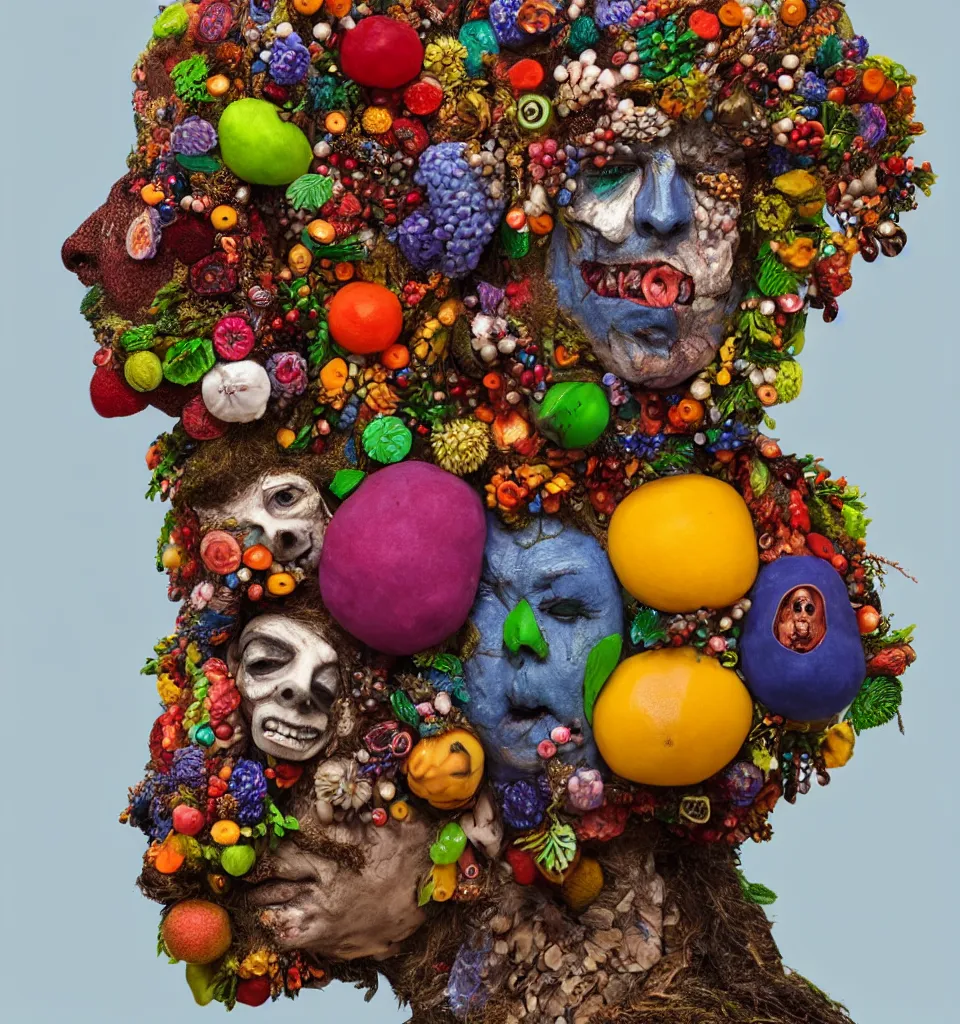 Prompt: portrait headshot of a scary nature spirit, head made of fruit gems and flowers in the style of arcimboldo, ashley bickerton, fragonard, photorealistic, dynamic lighting, action figure, clay sculpture, claymation, dull blue cloudy background