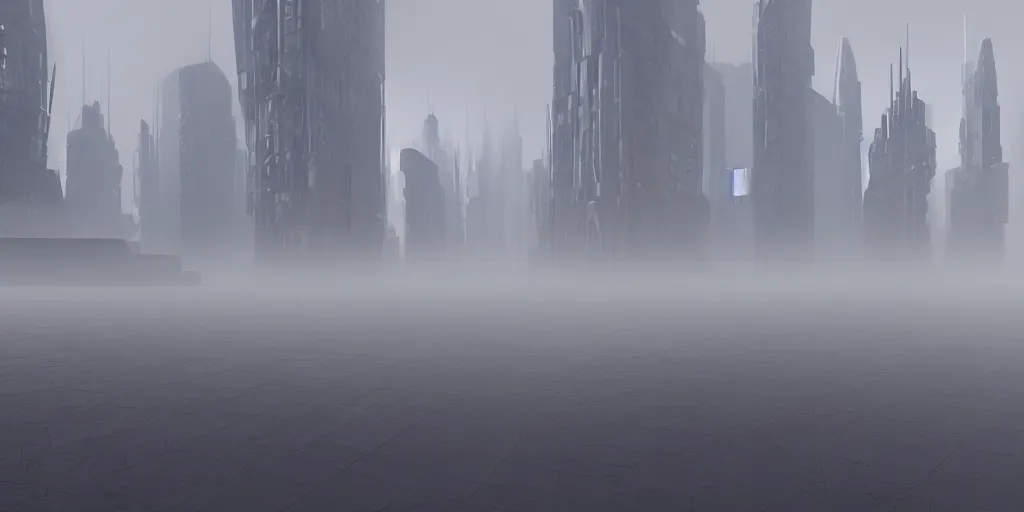 Image similar to a low poly object of a futuristic city, thick fog, elegant, moody, unreal engine