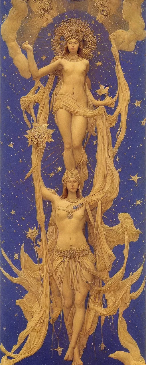 Image similar to saint woman, venus, athena, queen, by annie swynnerton and nicholas roerich and jean delville, strong dramatic cinematic lighting, ornate headdress, flowing robes, spines, flowers, stars, lost civilizations, smooth, sharp focus, extremely detailed, marble, obsidian, gold, space