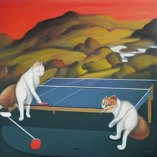 Image similar to Dous gatos xogando ao ping-pong sobre fondo laranxa, oil painting