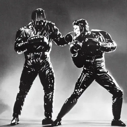 Prompt: ronald reagan and karl marx wearing giant metal shiny exoskeleton suits fighting to the death in the center of a futuristic boxing ring, distant cheering crowd, dramatic lighting, dramatic stadium lighting