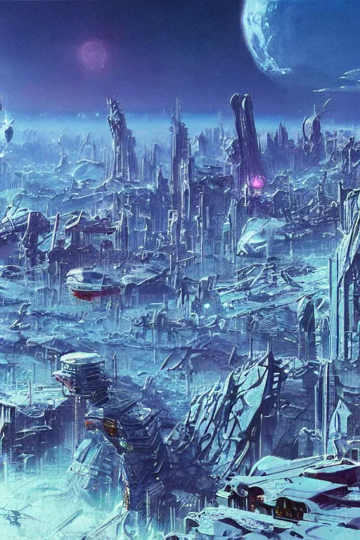 Prompt: a cyberpunk city in an frozen landscape, cosmic sky puffy clouds, sci - fi vivid by bruce pennington