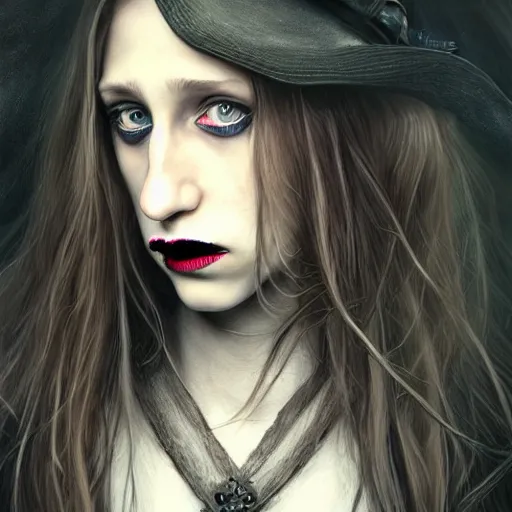 Prompt: gorgeous female Taissa Farmiga witch, black lips, realistic character concept, full body shot, spooky, black magic, illustration, symmetrical face and body, realistic eyes, cinematic lighting, hyperdetailed, detailed realistic symmetrical eyes, cgsociety, high resolution, Charlie Bowater, single face, insanely detailed and intricate, beautiful, elegant, dark forest and trees