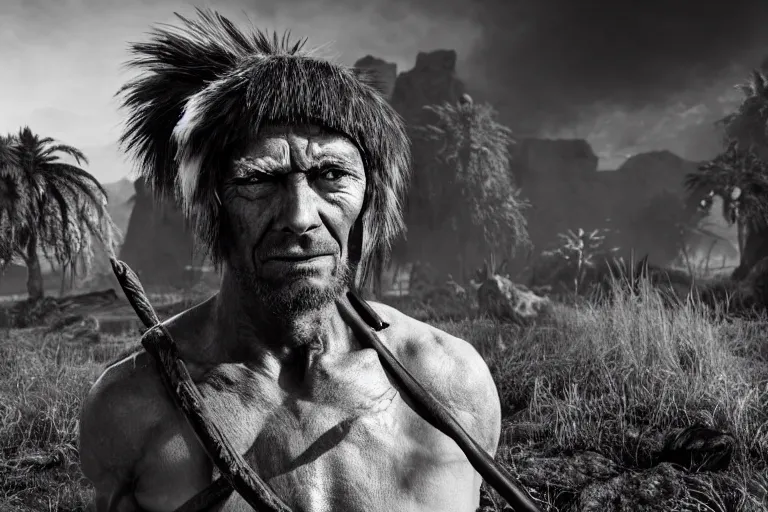 Prompt: still photo of stone age man looking at the camera in a battlefield, black and white color aesthetic, highly detailed, photorealistic portrait, bright studio setting, studio lighting, crisp quality and light reflections, unreal engine 5 quality render