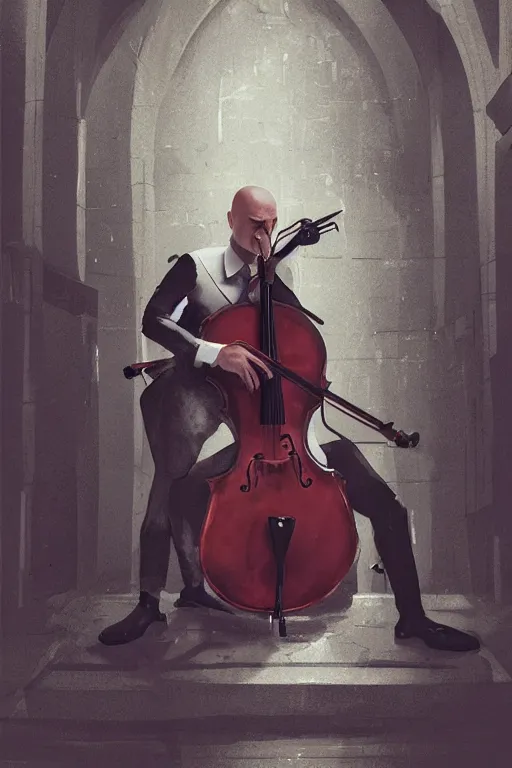 Image similar to an expressive portrait of agent 4 7 playing the cello in a monastery, dark background, red rim light, digital art, artstation, concept art by giger stalenhag