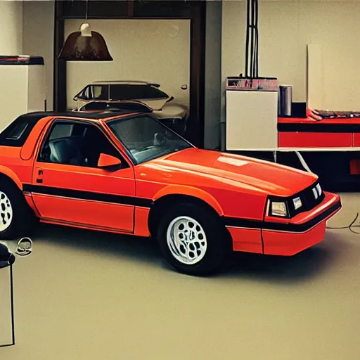 Image similar to 1985 Fox Body Mustang inside of an auto dealership, ektachrome photograph, volumetric lighting, f8 aperture, cinematic Eastman 5384 film