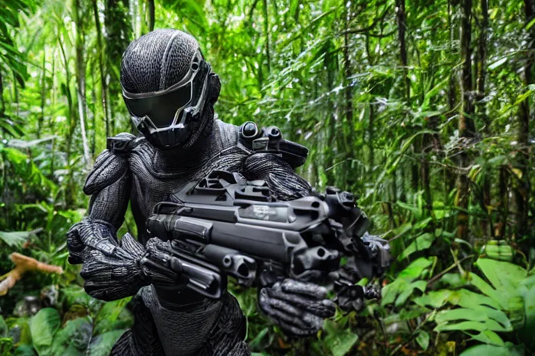 Image similar to Crysis Nanosuit shooting at enemies in a jungle combat photography 2022, Canon EOS R3, f/1.4, ISO 200, 1/160s, 8K, RAW, unedited, symmetrical balance, in-frame,