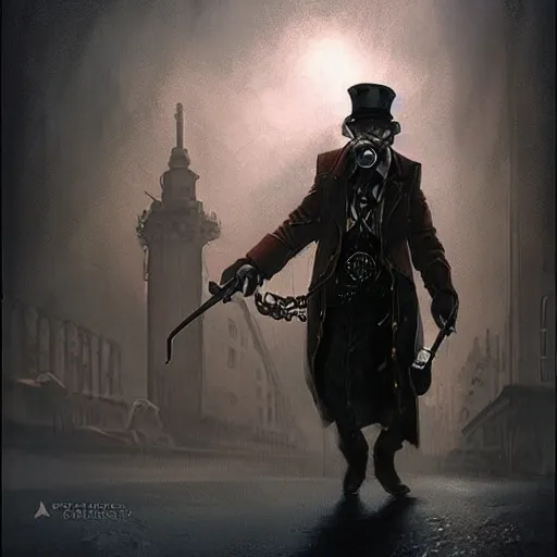 Image similar to steampunk soviet policeman, fog, darkness, evil, magic the gathering artwork, D&D, fantasy, cinematic lighting, centered, symmetrical, highly detailed, digital painting, artstation, concept art, smooth, sharp focus, illustration, volumetric lighting, epic Composition, 8k, art by Akihiko Yoshida and Greg Rutkowski and Craig Mullins, oil painting, cgsociety