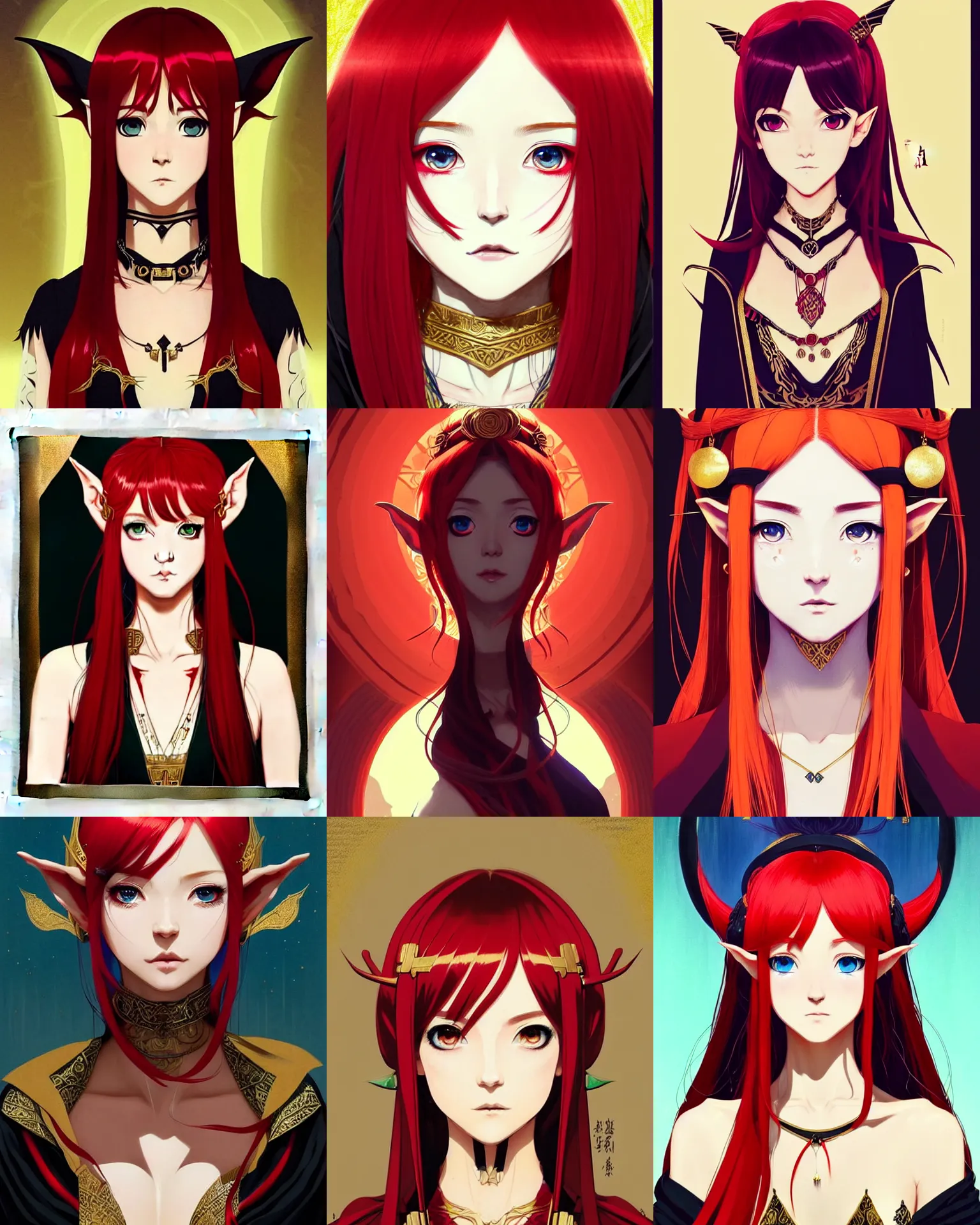 Prompt: portrait of elf woman with red hair, black robe with gold runes, boho chic | | very anime!!!, symmetry face, fine details. realistic shaded lighting poster by ilya kuvshinov, katsuhiro otomo, kidmo!!!, trending on artstation, magali villeneuve, artgerm, jeremy lipkin and michael garmash