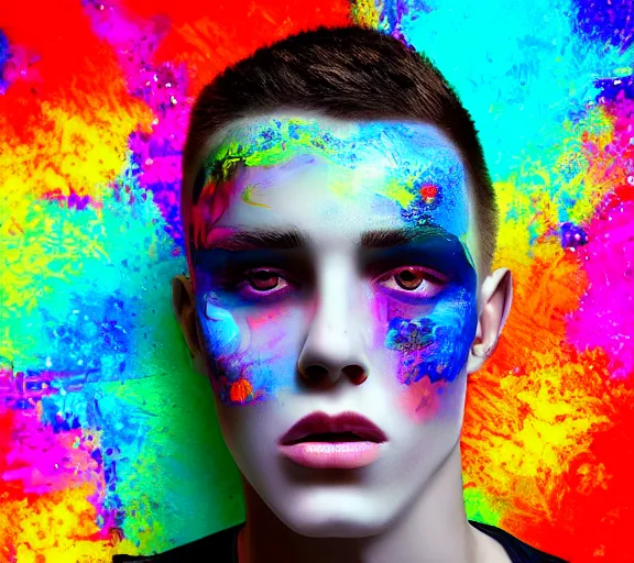 Prompt: extremely beautiful young man with hyperealistic glossy eyes, digital art, colourful background seductive.