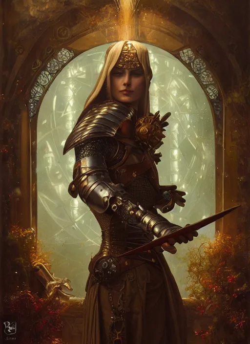 Image similar to hyper realistic knight casting a spell, refined details, denoised, birds eye view, magical, gems, jewels, gold, steampunk, cyberpunk utopia, painted by tom bagshaw, mucha, gaston bussiere, craig mullins, j. c. leyendecker 8 k