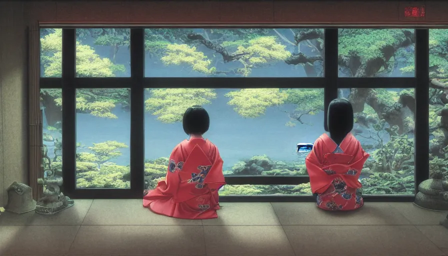 Prompt: painting of a beautiful girl in japan, looking out a window at a temple garden filled with yokai and spirits, uhd, high detail, by peter elson