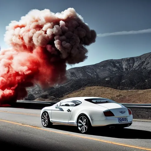 Prompt: white Bentley Continental Gt Exploding! Exploding! Explosion!