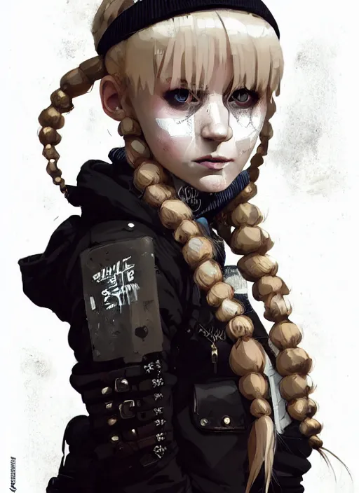 Image similar to highly detailed closeup portrait of a sewer punk swedish female road warrior student, tartan garment, blonde hair pigtails with headband by atey ghailan, by greg rutkowski, by greg tocchini, by james gilleard, by joe fenton, by kaethe butcher, gradient sapphire, black, brown and white color scheme, grunge aesthetic!!! white graffiti tag wall background