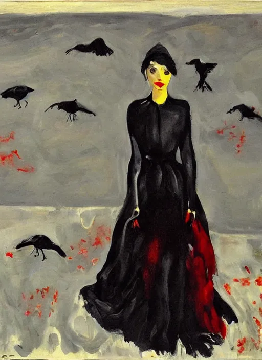 Image similar to a painting of AnnaSophia Robb, frozen cold stare, blood red background and transparent gray dress, crows as a symbol of death, in style of Chaim Soutine and Edward Hopper