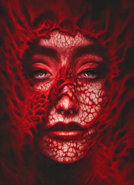 Image similar to dramatic red matte portrait painting of woman with black mandelbrot fractal instead of face, horror, body horror, dark art, 4 k, detailed, realistic, psychotic, insane, crazy, mental illness, dramatic,