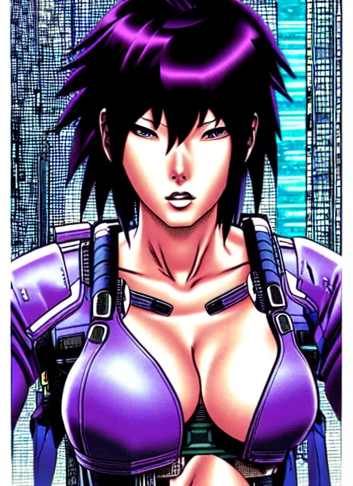 Image similar to motoko kusanagi in grungy cyberpunk megacity, intricate and finely detailed, cyberpunk vaporwave, portrait by j scott campbell