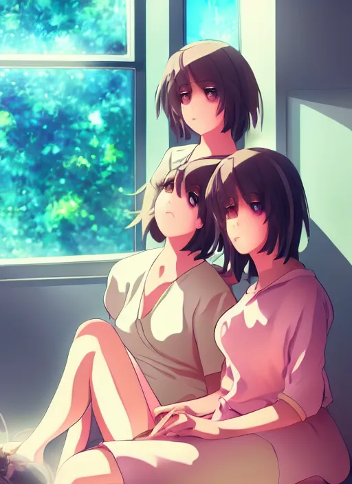 Prompt: two beautiful mothers sitting by a fan on a hot summer evening, gorgeous faces, thick lines, cinematic lighting, detailed anime art,