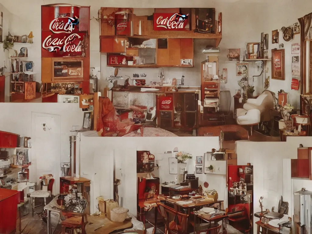 Image similar to a photo of a room with excellent interior design, natural light, some dappled light, vintage coca cola refrigerator