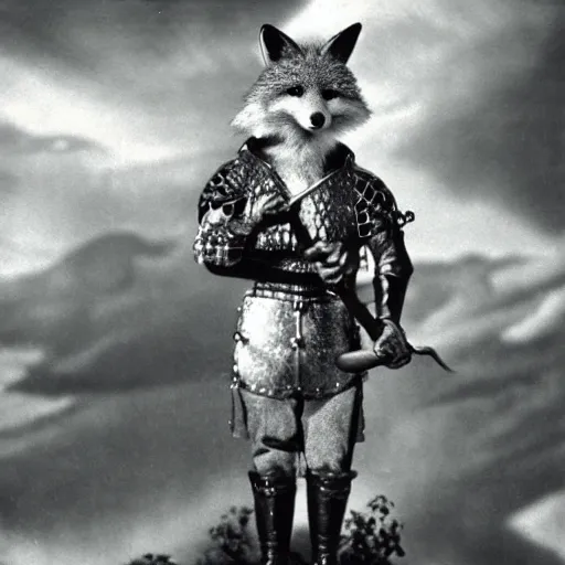 Prompt: anthropomorphic fox who is a medieval knight holding a sword towards a stormy thundercloud, 1930s film still