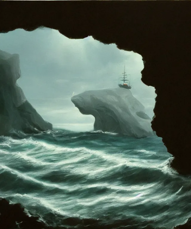 Prompt: photorealistic painting of a 1 9 2 5 seiner sailing near a tropical cliff with the mouth of a sea cave at the waterline, dark, brooding, atmospheric, lovecraft, horror, smooth, epic, highly detailed, cinematic, by lee gibbons