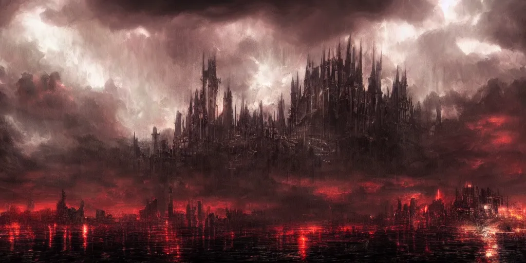 Prompt: thunderstorm looming over a sinister city, dark souls concept art, red glow, dramatic lighting, high detail, high-quality wallpaper, desktopography