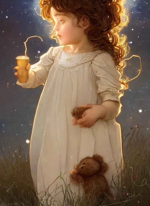 Prompt: A cute little girl with short curly brown hair. She is standing in a field at night holding a care bear, looking up and the sky is filled with constellations. beautiful fantasy art by By Artgerm and Greg Rutkowski and Alphonse Mucha, trending on artstation.
