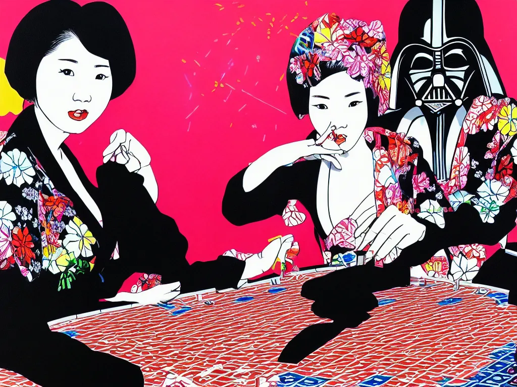 Image similar to hyperrealism composition of the detailed woman in a japanese kimono sitting at an extremely detailed poker table with darth vader, fireworks on the background, pop - art style, jacky tsai style, andy warhol style, acrylic on canvas