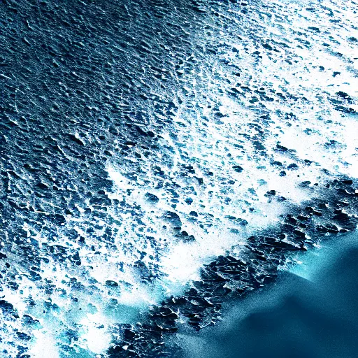 Prompt: birds eye view of the ocean, chrome look, rough texture, HD, octane render, black and white with light blue highlights