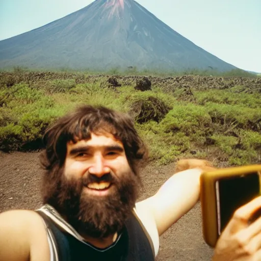 Image similar to caveman taking a selfie in front of a volcano with dinosaurs in the background, 3 5 mm film