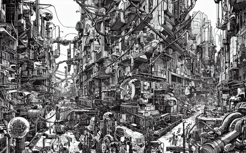 Image similar to very detailed, prophet graphic novel, ilya kuvshinov, mcbess, rutkowski, simon roy, illustration of a cyberpunk industrial alley with huge pipelines and valves, colorful, cinematic composition, studio lighting