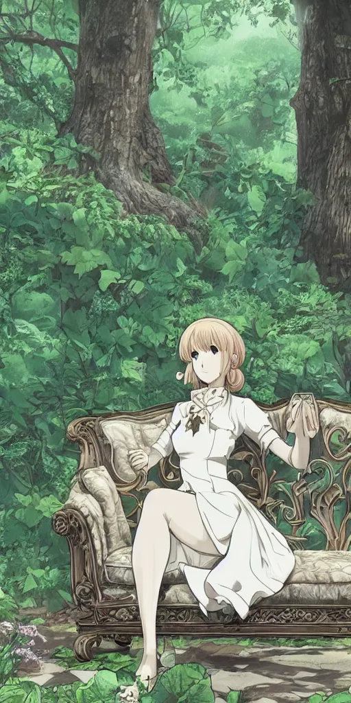 Image similar to a single queen sitting by herself on a sofa in a forest, drawn by CloverWorks, intricate detail, elegant, beauty