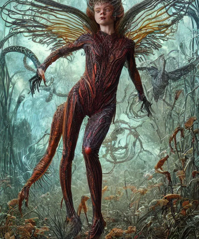 Prompt: a portrait photograph of a running fierce sadie sink as a strong alien harpy queen with amphibian skin. she is dressed in a fiery lace shiny metal slimy organic membrane catsuit and transforming into a insectoid snake bird. by donato giancola, walton ford, ernst haeckel, peter mohrbacher, hr giger. 8 k, cgsociety
