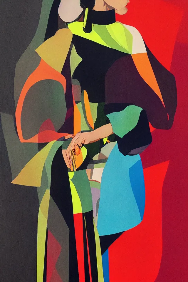 Image similar to sfumato renaissance portrait of a modern shaman, modern minimal isei miyake outfit, in the style of vogue, syd mead, triadic colors, concept art