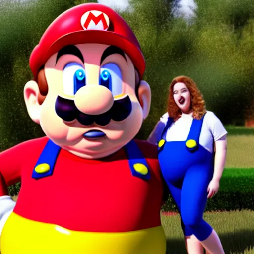 Image similar to real life big chungus dressed like mario, super mario, big chungus, fat bugs bunny, high resolution photo