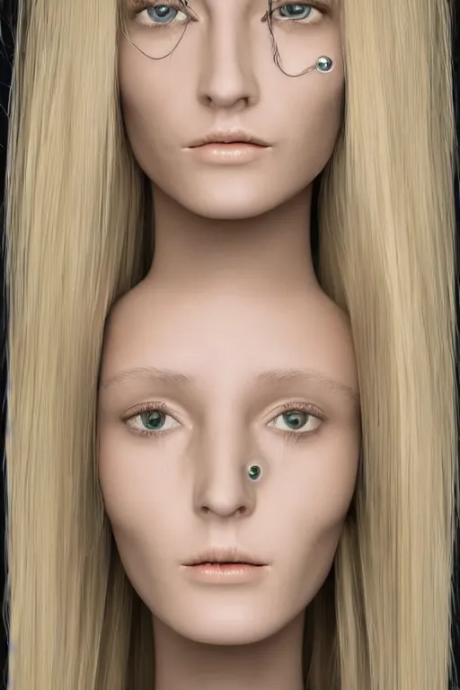 Image similar to robot with human face, female head, full body angle, woman human face, human face realistic, beautiful blonde hair, human head, human head with blonde hair, blonde hair human head, blonde hair, human realistic face, human head skin, cyborg frame concept, cyborg by ales-kotnik, sci-fi android female, the body is made of wires, robotic body, cyborg body, cyborg bust body, robot body cyborg, full body