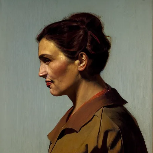 Prompt: portrait of a beautiful young italian neanderthal woman in 1 9 5 0 s italian clothing by pietro annigoni, oil on canvas, national portrait gallery